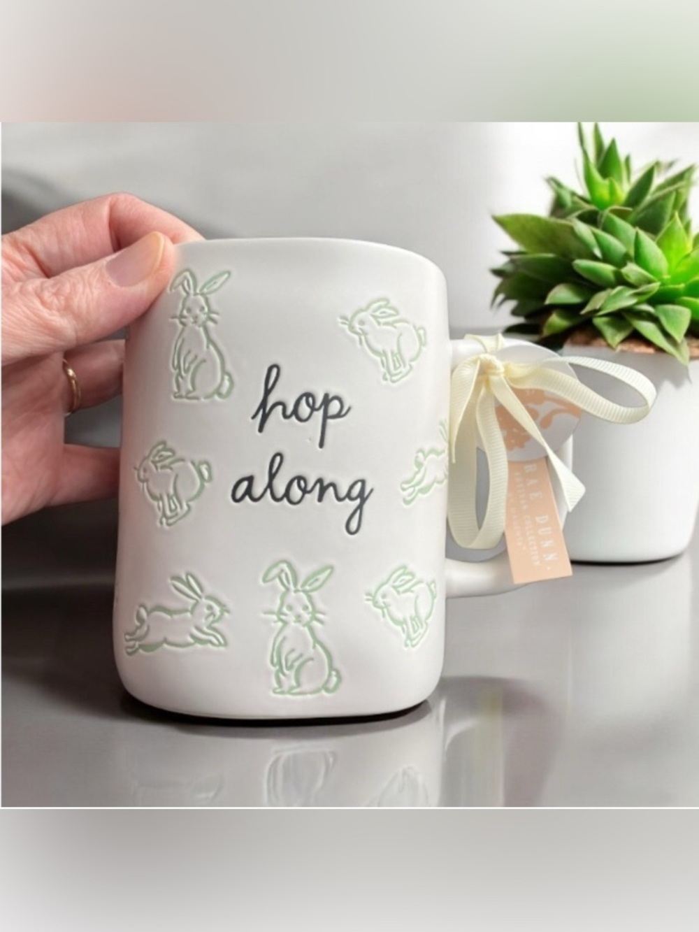 NEW Rae Dunn White and Green HOP ALONG Easter / Spring Bunny Rabbit Allover Mug